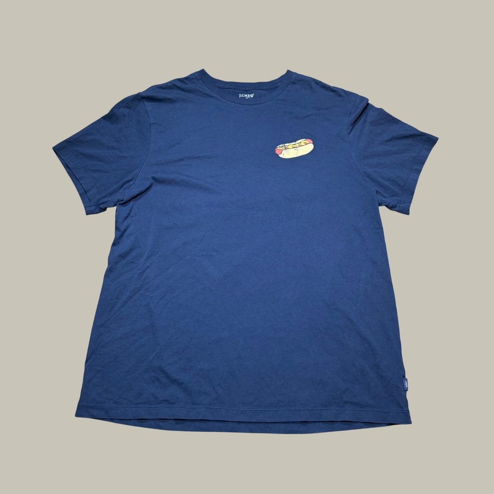 J.Crew Mens XL Navy Blue Hot Dog Graphic Short Sleeve T-Shirt Cotton Tee